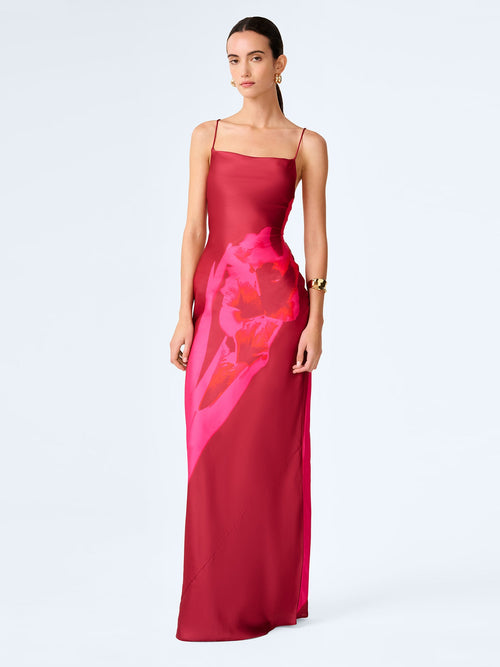 OMNES Ginny Red and Pink Floral Placement Satin Maxi Dress