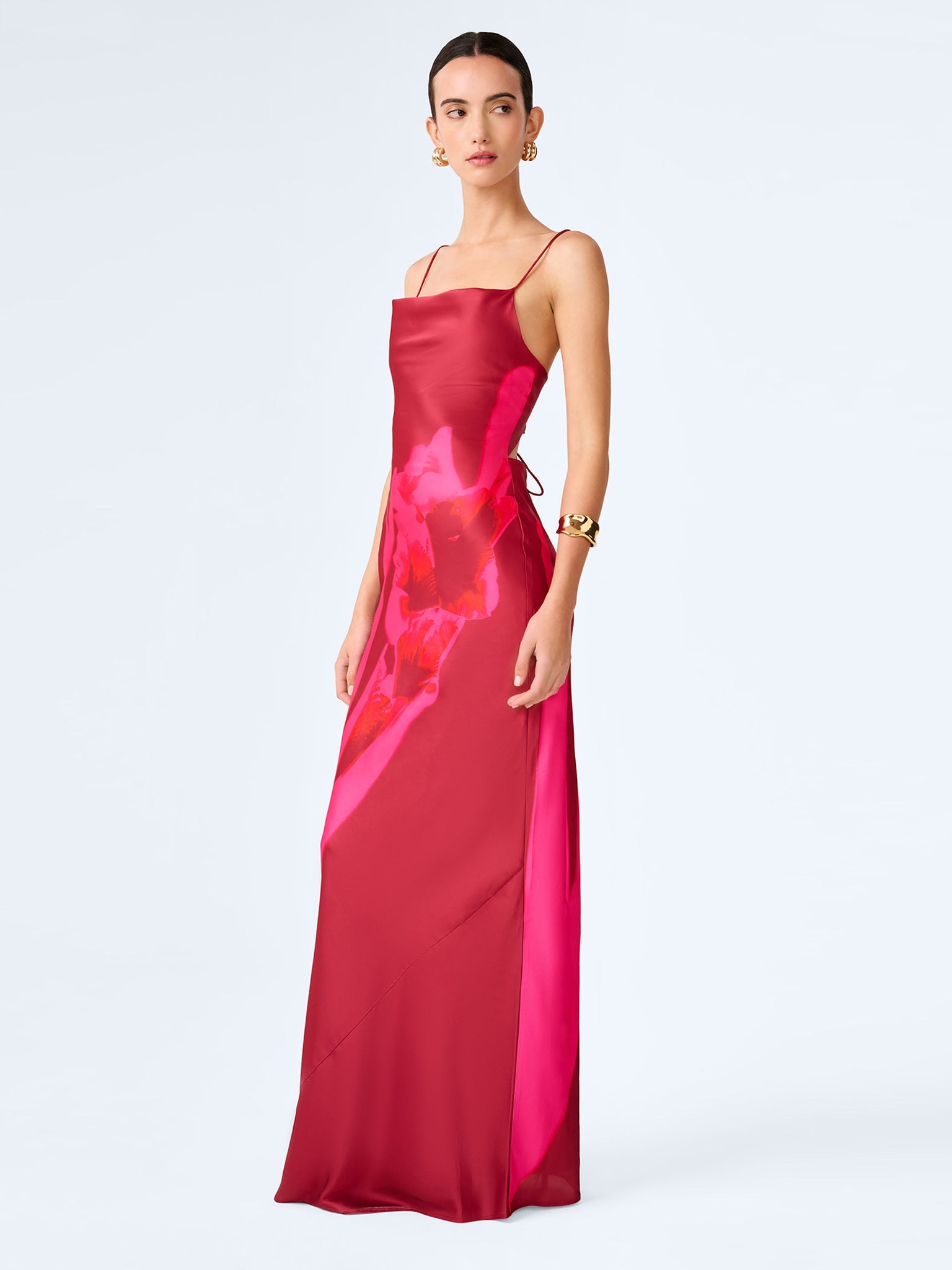 OMNES Ginny Red and Pink Floral Placement Satin Maxi Dress