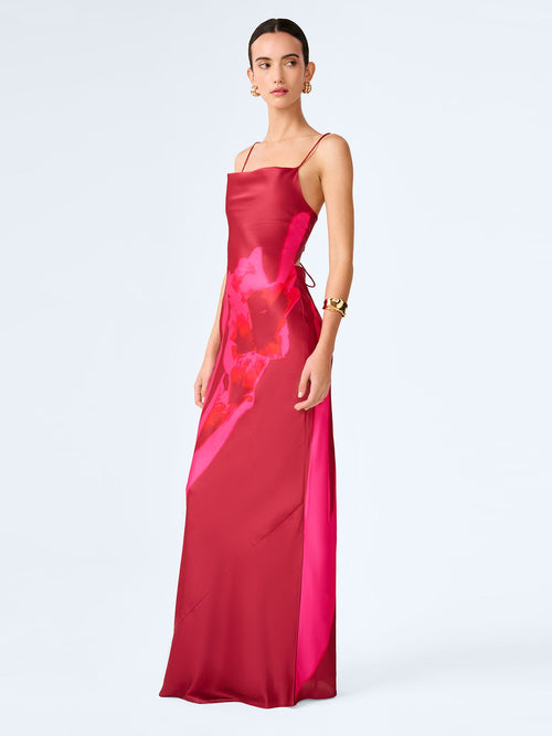 OMNES Ginny Red and Pink Floral Placement Satin Maxi Dress