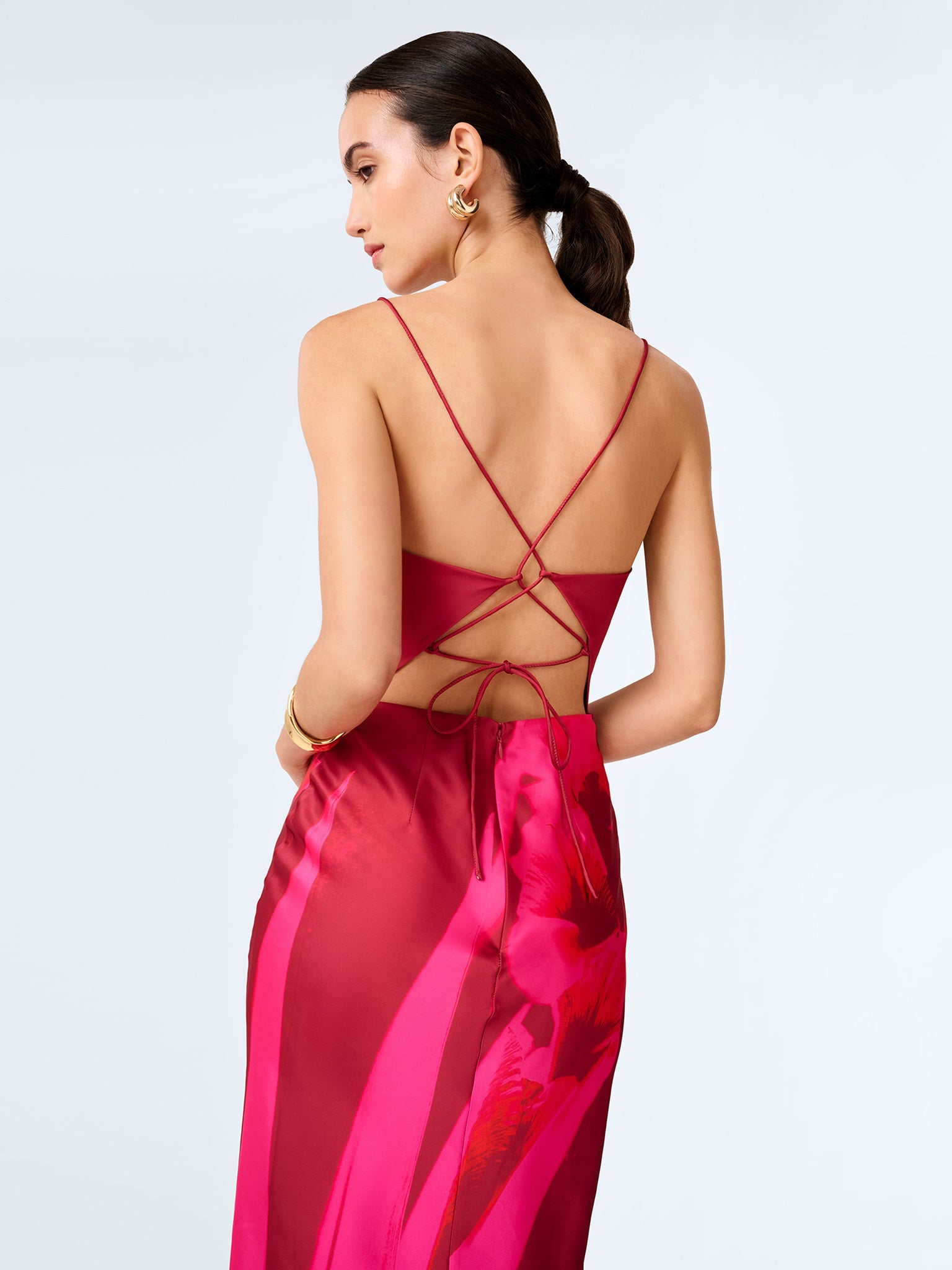 OMNES Ginny Red and Pink Floral Placement Satin Maxi Dress