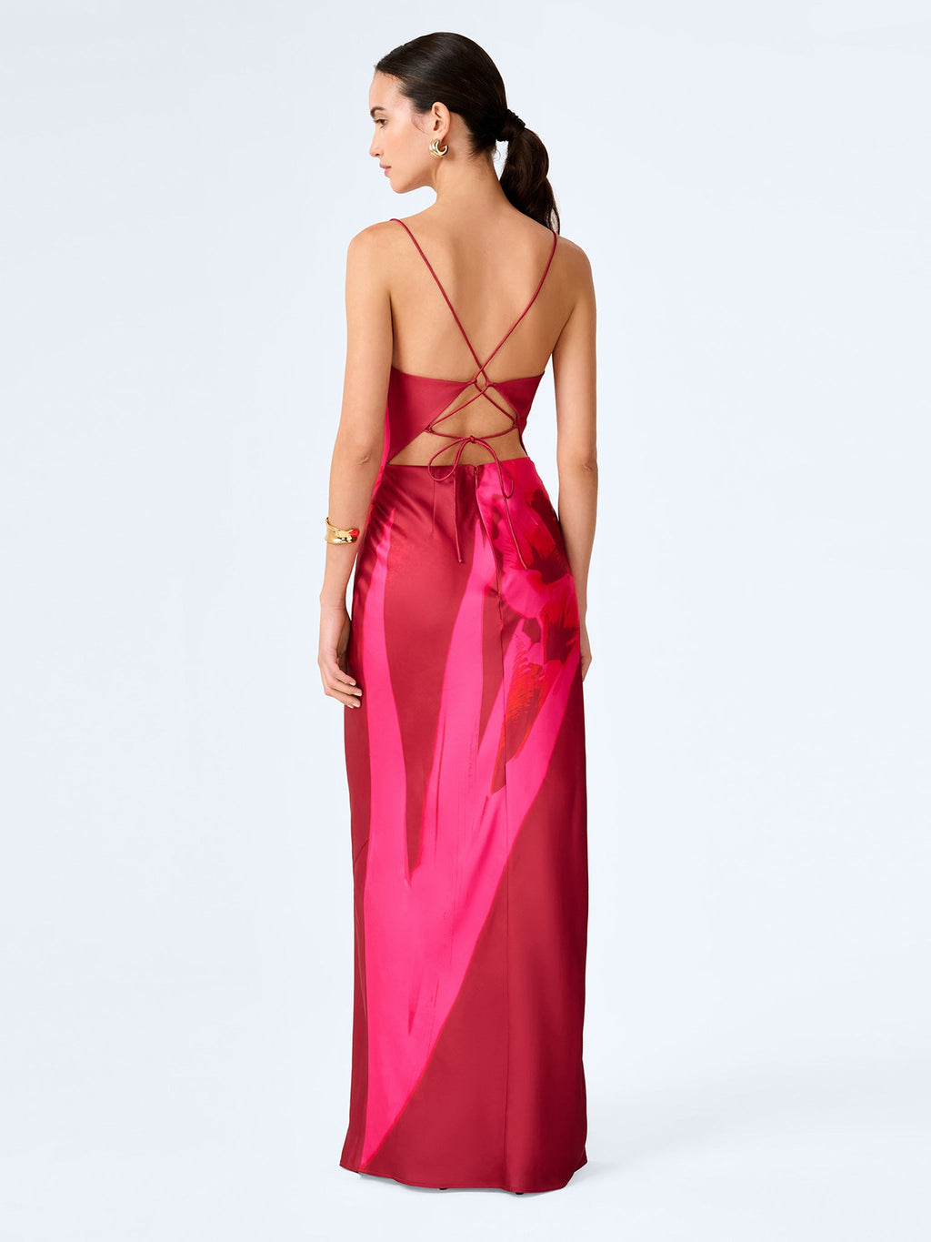 OMNES Ginny Red and Pink Floral Placement Satin Maxi Dress