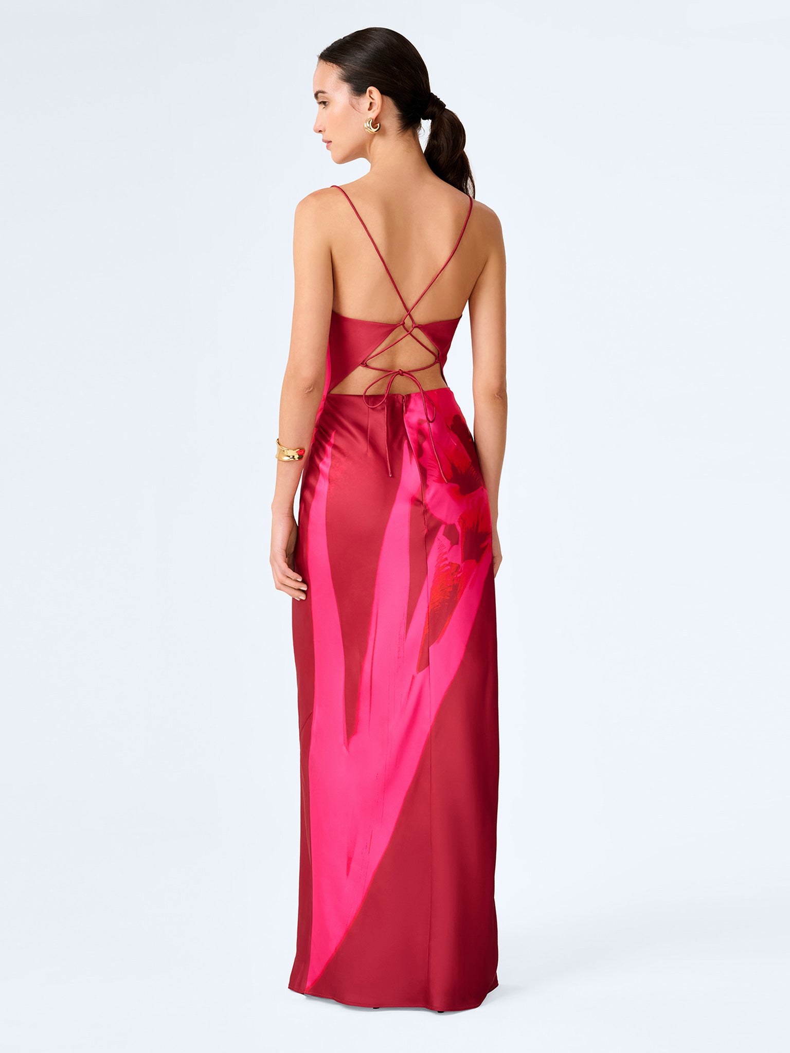 OMNES Ginny Red and Pink Floral Placement Satin Maxi Dress